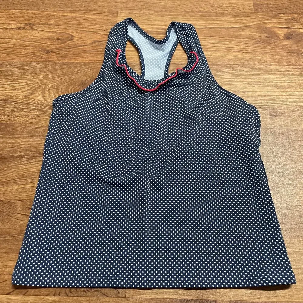 Lands End Girls Blue White Polka Dot Tankini Swim Top Size 16 Red Ruffle